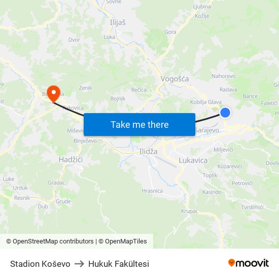 Stadion Koševo to Hukuk Fakültesi map