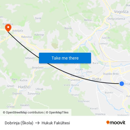 Dobrinja (Škola) to Hukuk Fakültesi map