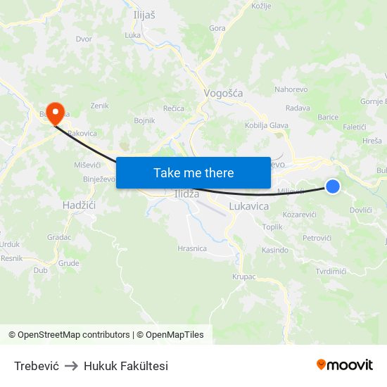 Trebević to Hukuk Fakültesi map