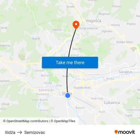 Ilidža to Semizovac map
