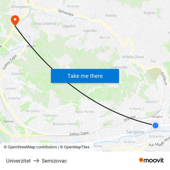 Univerzitet to Semizovac map