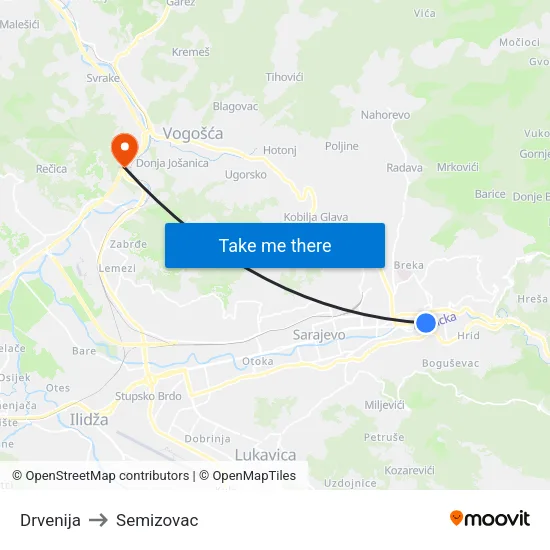 Drvenija to Semizovac map