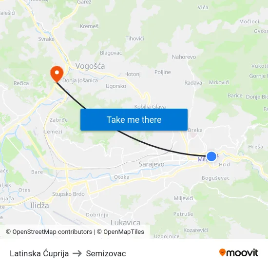 Latinska Ćuprija to Semizovac map