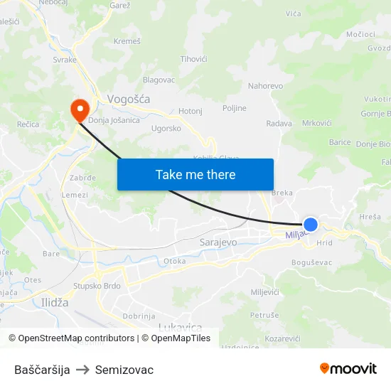 Baščaršija to Semizovac map