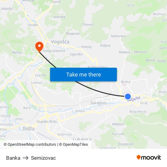Banka to Semizovac map