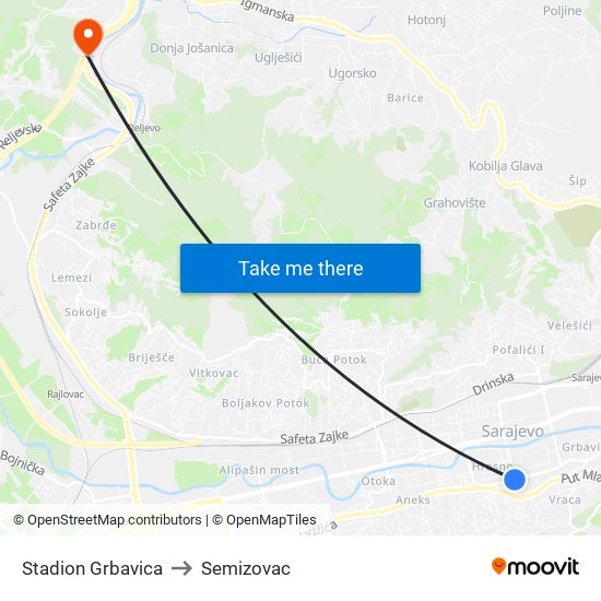 Stadion Grbavica to Semizovac map
