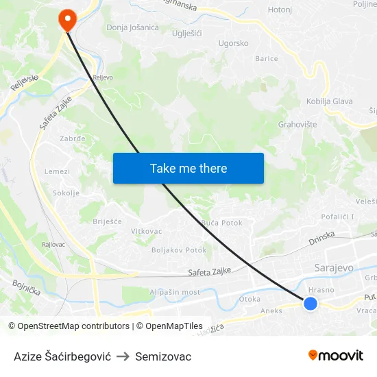 Azize Šaćirbegović to Semizovac map