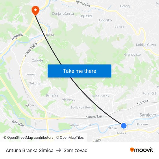 Antuna Branka Šimića to Semizovac map
