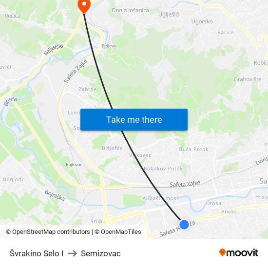 Švrakino Selo I to Semizovac map