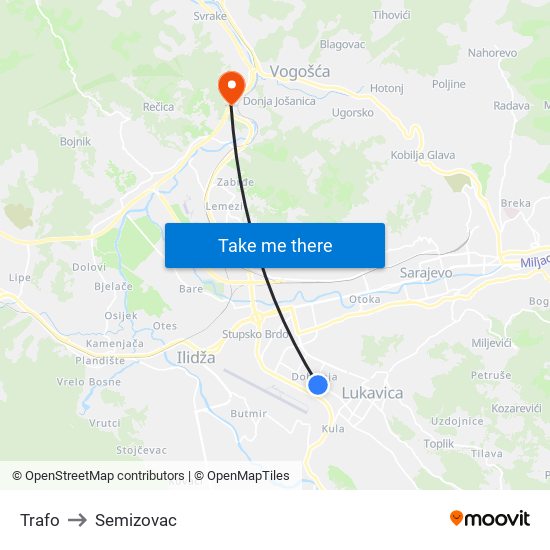 Trafo to Semizovac map