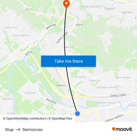 Stup to Semizovac map