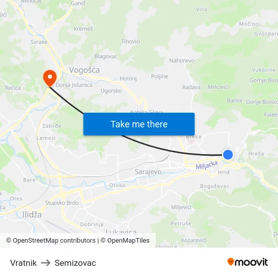 Vratnik to Semizovac map