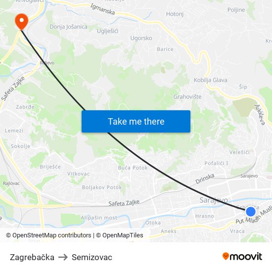 Zagrebačka to Semizovac map