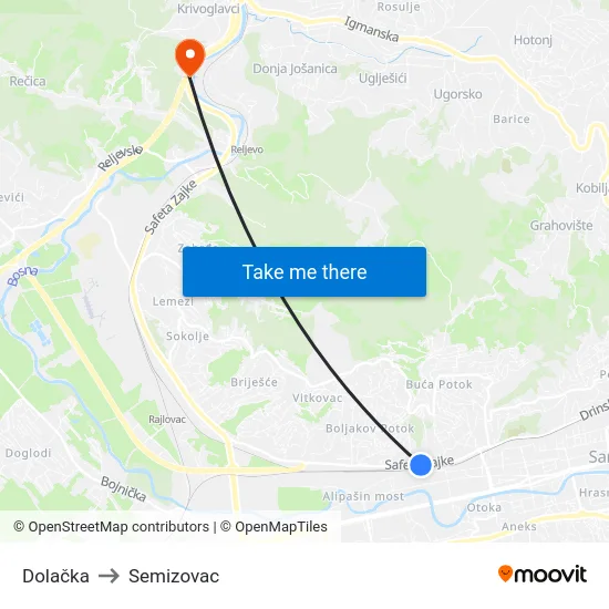 Dolačka to Semizovac map