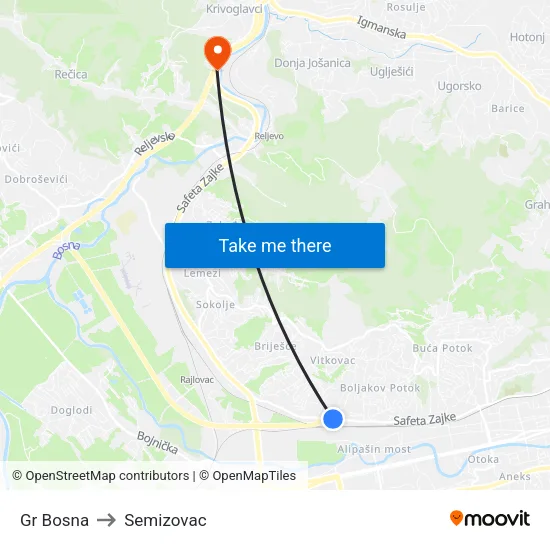 Gr Bosna to Semizovac map
