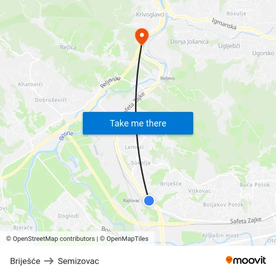 Briješće to Semizovac map