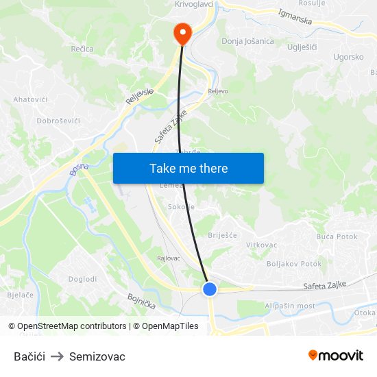 Bačići to Semizovac map