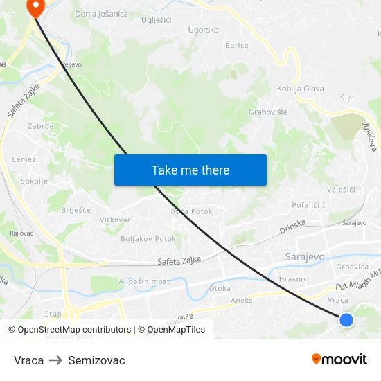 Vraca to Semizovac map