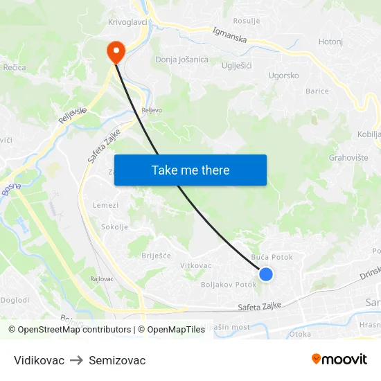 Vidikovac to Semizovac map