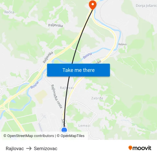 Rajlovac to Semizovac map