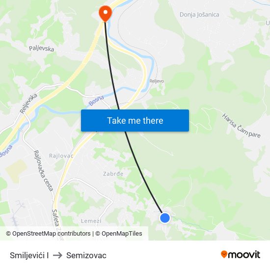 Smiljevići I to Semizovac map