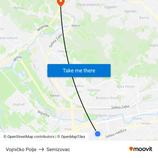 Vojničko Polje to Semizovac map