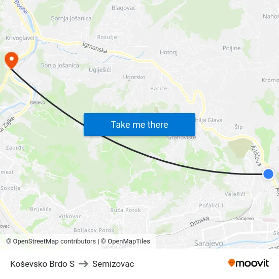 Koševsko Brdo S to Semizovac map