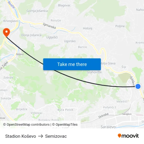 Stadion Koševo to Semizovac map