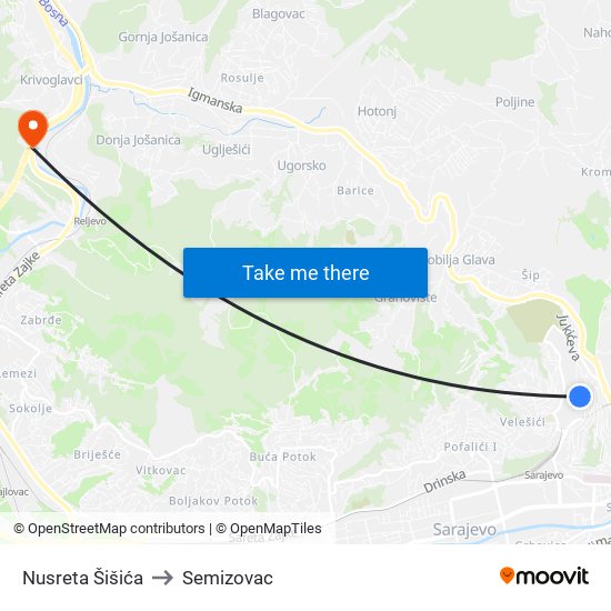 Nusreta Šišića to Semizovac map