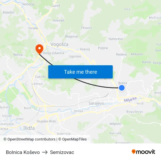 Bolnica Koševo to Semizovac map