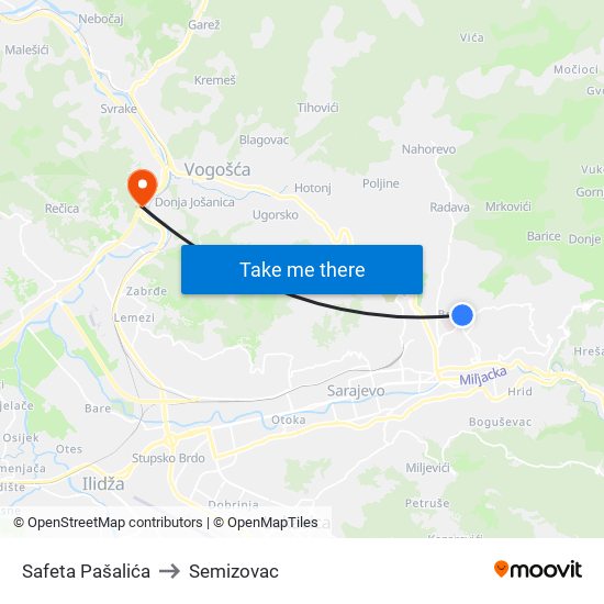 Safeta Pašalića to Semizovac map