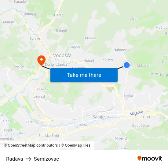 Radava to Semizovac map