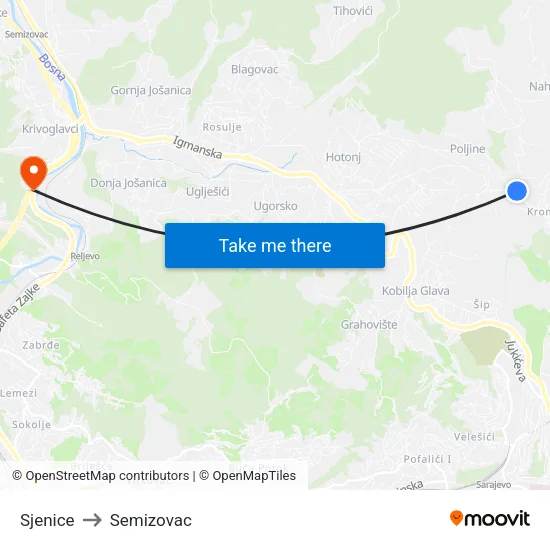 Sjenice to Semizovac map