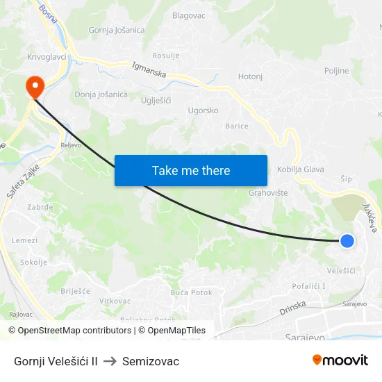 Gornji Velešići II to Semizovac map