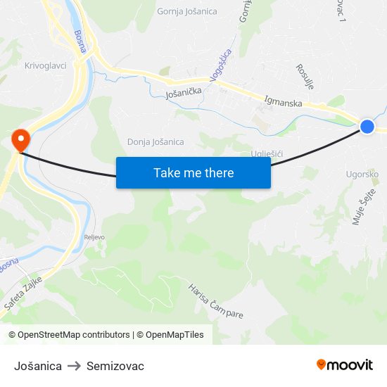 Jošanica to Semizovac map