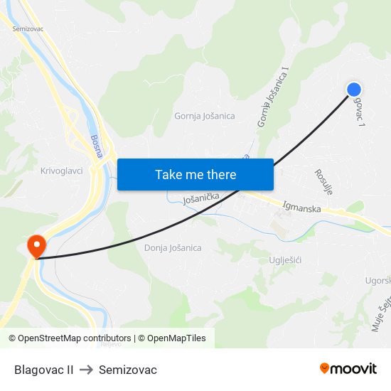 Blagovac II to Semizovac map