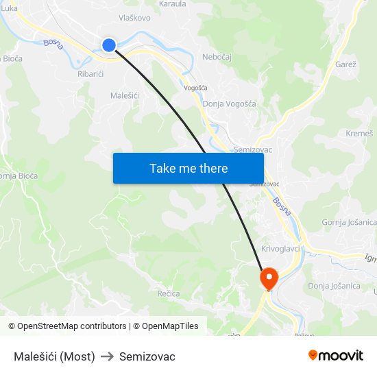 Malešići (Most) to Semizovac map