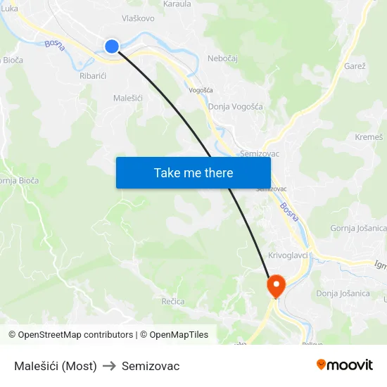Malešići (Most) to Semizovac map