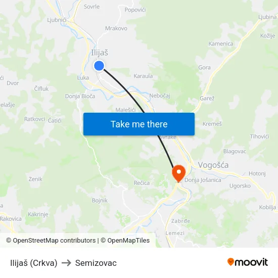 Ilijaš (Crkva) to Semizovac map