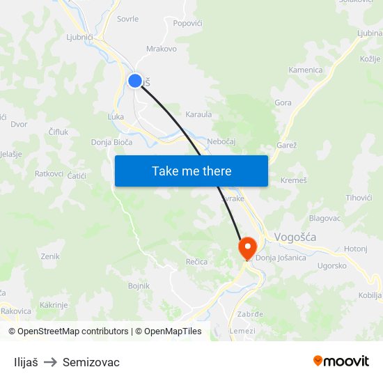 Ilijaš to Semizovac map