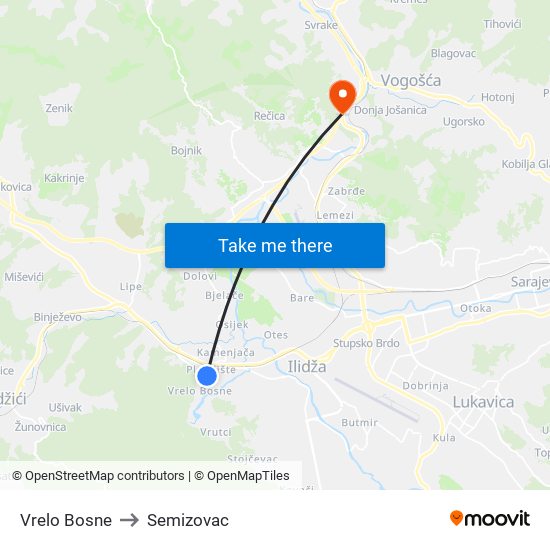 Vrelo Bosne to Semizovac map