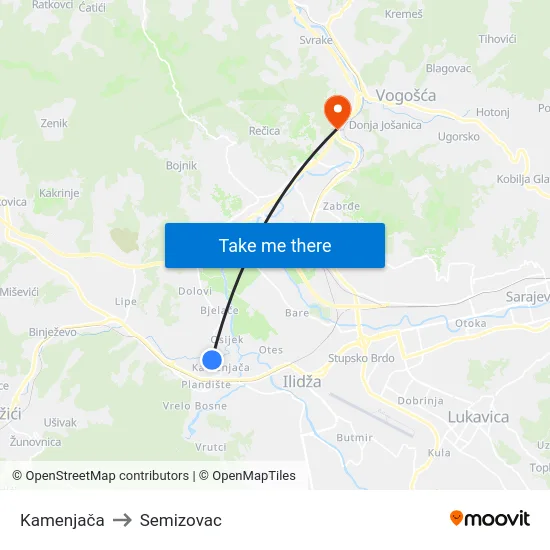 Kamenjača to Semizovac map