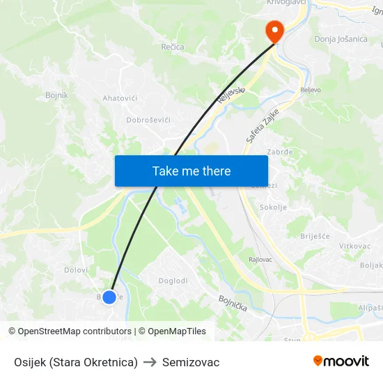 Osijek (Stara Okretnica) to Semizovac map