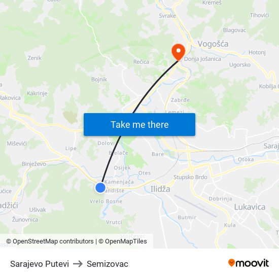 Sarajevo Putevi to Semizovac map