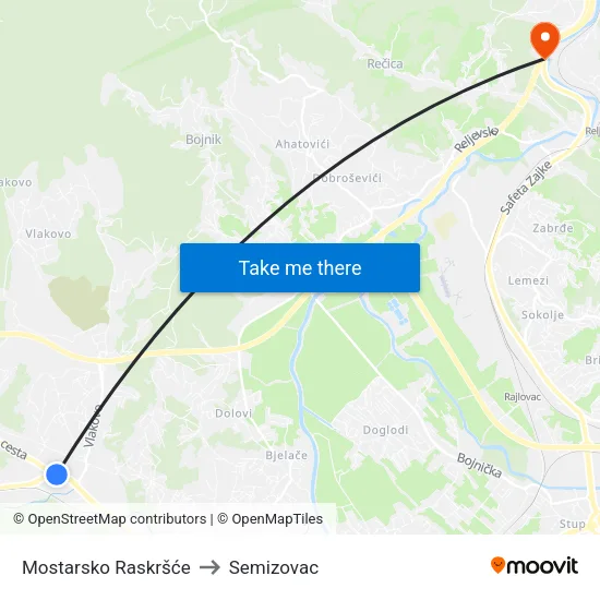 Mostarsko Raskršće to Semizovac map