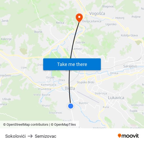 Sokolovići to Semizovac map
