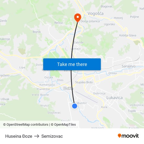 Huseina Đoze to Semizovac map