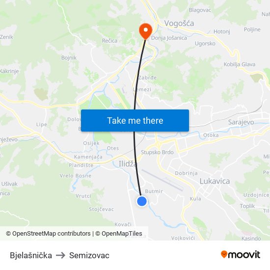 Bjelašnička to Semizovac map