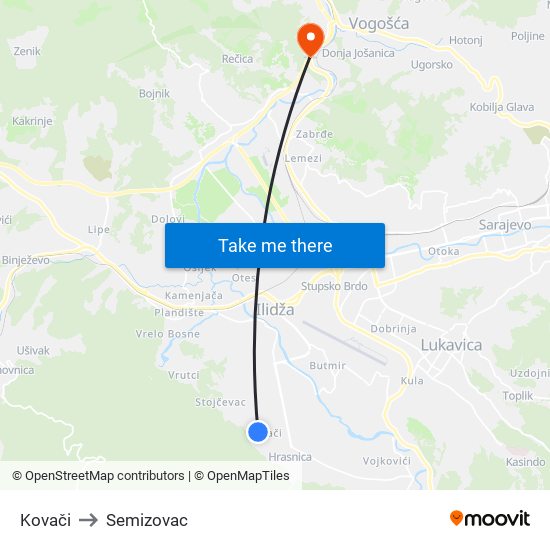 Kovači to Semizovac map