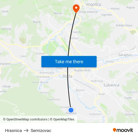 Hrasnica to Semizovac map